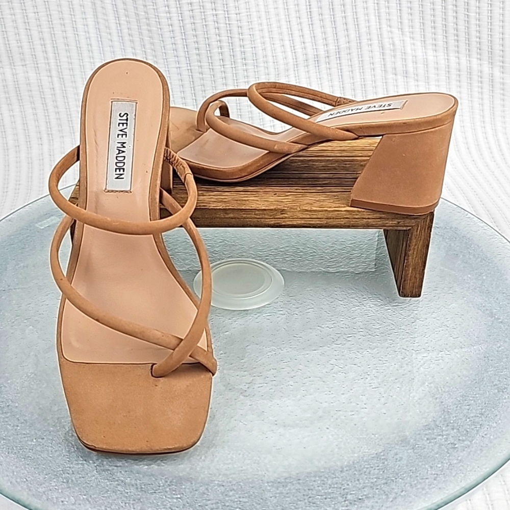 Steve Madden 7.5 Tan Nubuck Effie Heeled Leather Sandals Casual Work Profession‎